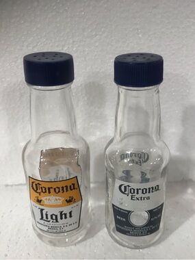 Corona Bottles Salt & Pepper Shakers with Yellow, Blue & White Labels
